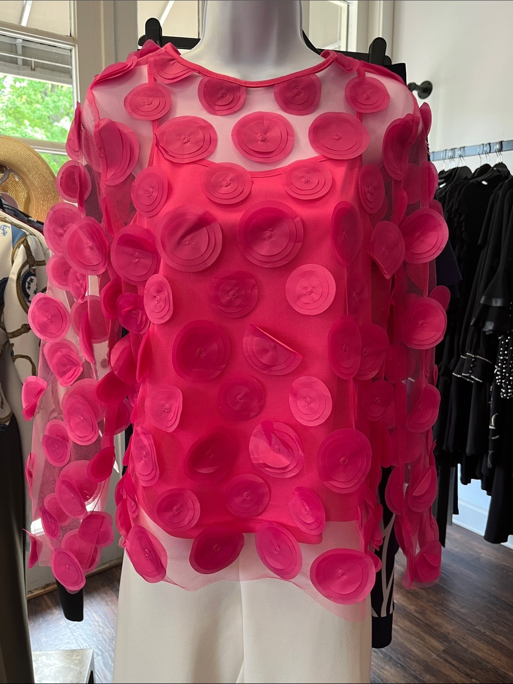 258745U Frank Lyman Design Hot Pink Sheer Floral Appliqué Blouse